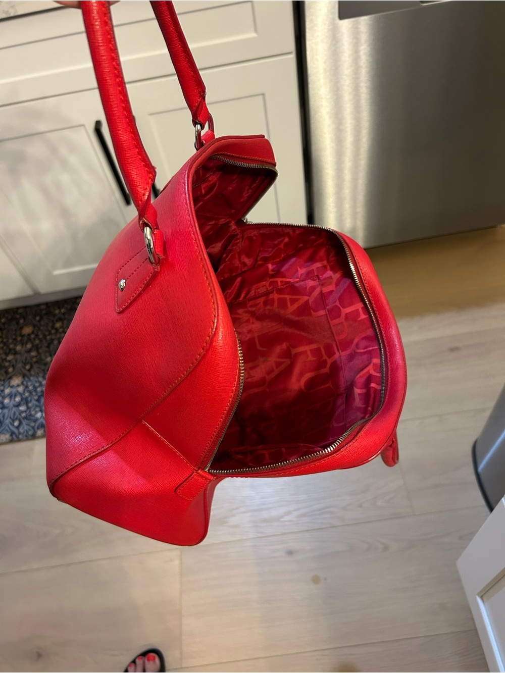 Furla Elena Satchel Saffiano Bright Red Leather Dome Satchel Top Handles READ - Picture 6 of 16